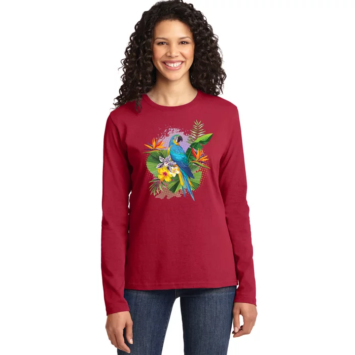 Tropical Paradise Flower Parrot Ladies Long Sleeve Shirt