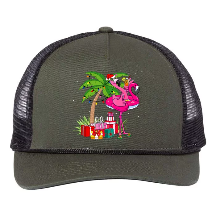 Tropical Pink Flamingo Christmas In July Summer Palm Tree Retro Rope Trucker Hat Cap