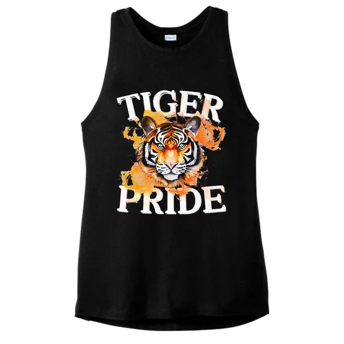 Tiger Pride Flame Tiger Mascot Retro School Sport Cheer Team Ladies Tri-Blend Wicking Tank