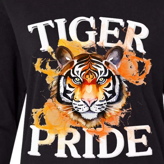 Tiger Pride Flame Tiger Mascot Retro School Sport Cheer Team Womens Cotton Relaxed Long Sleeve T-Shirt