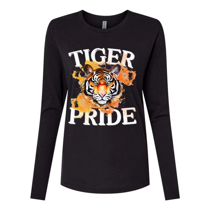 Tiger Pride Flame Tiger Mascot Retro School Sport Cheer Team Womens Cotton Relaxed Long Sleeve T-Shirt