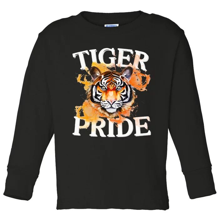 Tiger Pride Flame Tiger Mascot Retro School Sport Cheer Team Toddler Long Sleeve Shirt