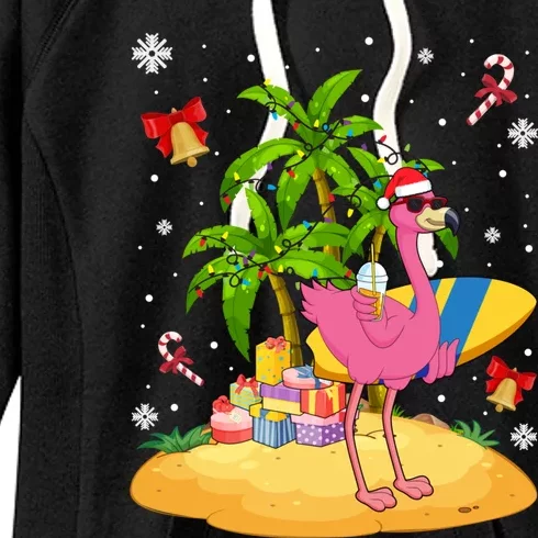 Tropical Pink Flamingo Christmas In Summer Palm Tree Graphic Gift Women's Fleece Hoodie