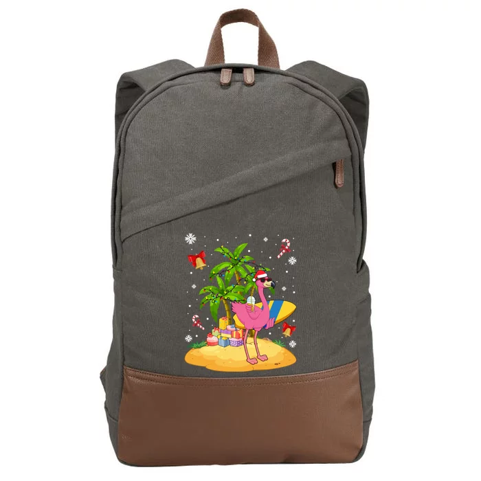 Tropical Pink Flamingo Christmas In Summer Palm Tree Graphic Gift Cotton Canvas Backpack