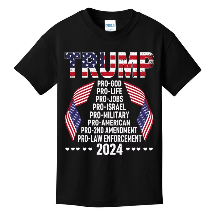 Trump Pro God Pro Life Pro Jobs Pro Israel Pro Military 2024 Kids T-Shirt