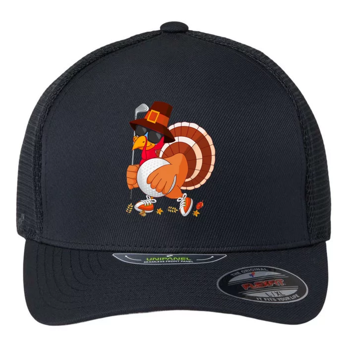 Turkey Playing Golf Thanksgiving Turkey Golf Flexfit Unipanel Trucker Cap