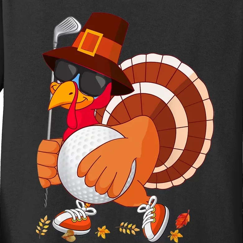 Turkey Playing Golf Thanksgiving Turkey Golf Kids Long Sleeve Shirt