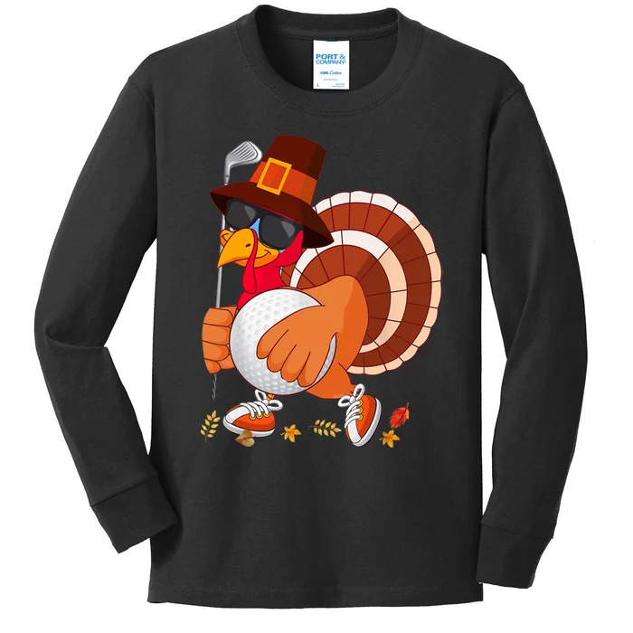 Turkey Playing Golf Thanksgiving Turkey Golf Kids Long Sleeve Shirt