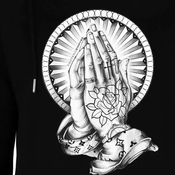 Tattoo Praying Hands Womens Funnel Neck Pullover Hood