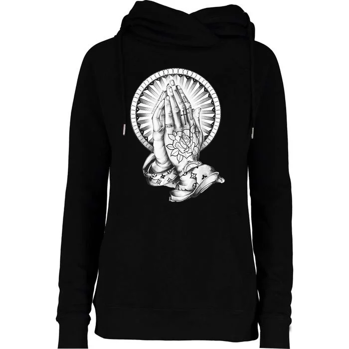 Tattoo Praying Hands Womens Funnel Neck Pullover Hood