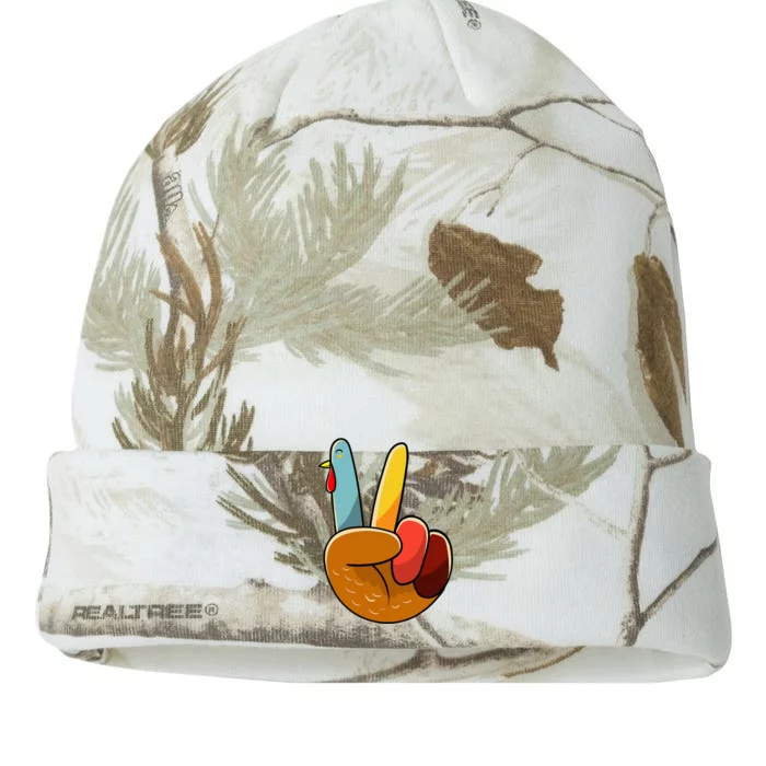 Turkey Peace Hand Sign Thanksgiving Thankful Kati - 12in Camo Beanie