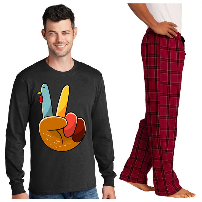 Turkey Peace Hand Sign Thanksgiving Thankful Long Sleeve Pajama Set