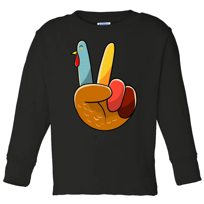 Turkey Peace Hand Sign Thanksgiving Thankful Toddler Long Sleeve Shirt