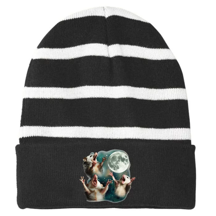 Three Possum Moon 3 Opossum Funny Weird Cursed Meme Striped Beanie with Solid Band