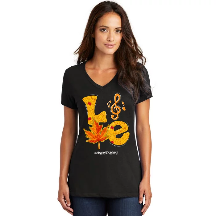 Thanksgiving Pumpkin Music Vibes for Autumn Women's V-Neck T-Shirt