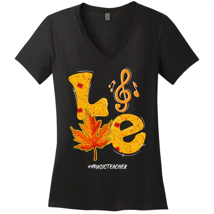 Thanksgiving Pumpkin Music Vibes for Autumn Women's V-Neck T-Shirt