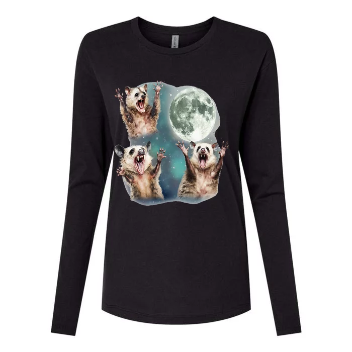 Three Possum Moon 3 Opossum And Dead Moon Weird Cursed Meme Womens Cotton Relaxed Long Sleeve T-Shirt