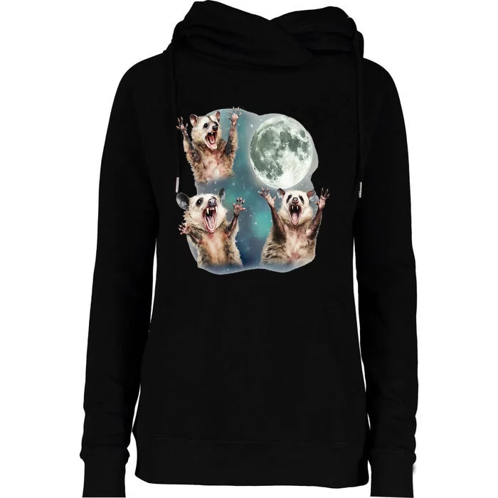 Three Possum Moon 3 Opossum And Dead Moon Weird Cursed Meme Womens Funnel Neck Pullover Hood