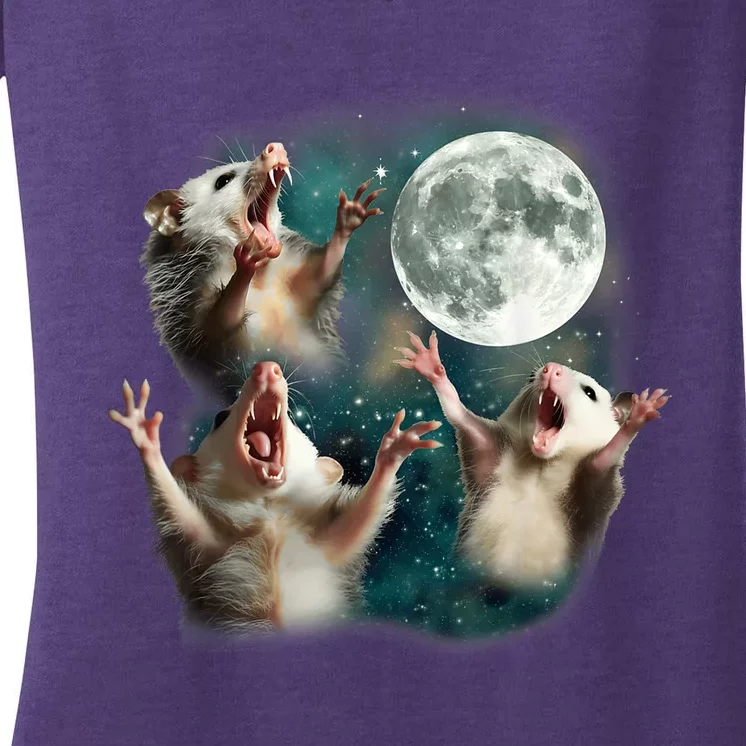 Three Possum Moon 3 Opossum Funny Weird Cursed Meme Women's V-Neck T-Shirt