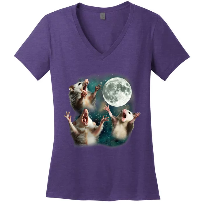 Three Possum Moon 3 Opossum Funny Weird Cursed Meme Women's V-Neck T-Shirt