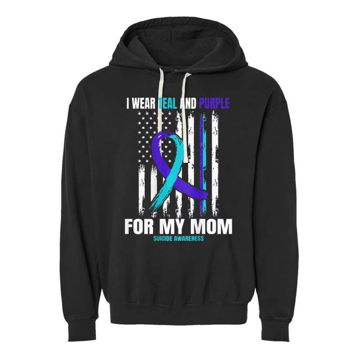 Teal Purple Mom Suicide Awareness Prevention American Flag Garment-Dyed Fleece Hoodie