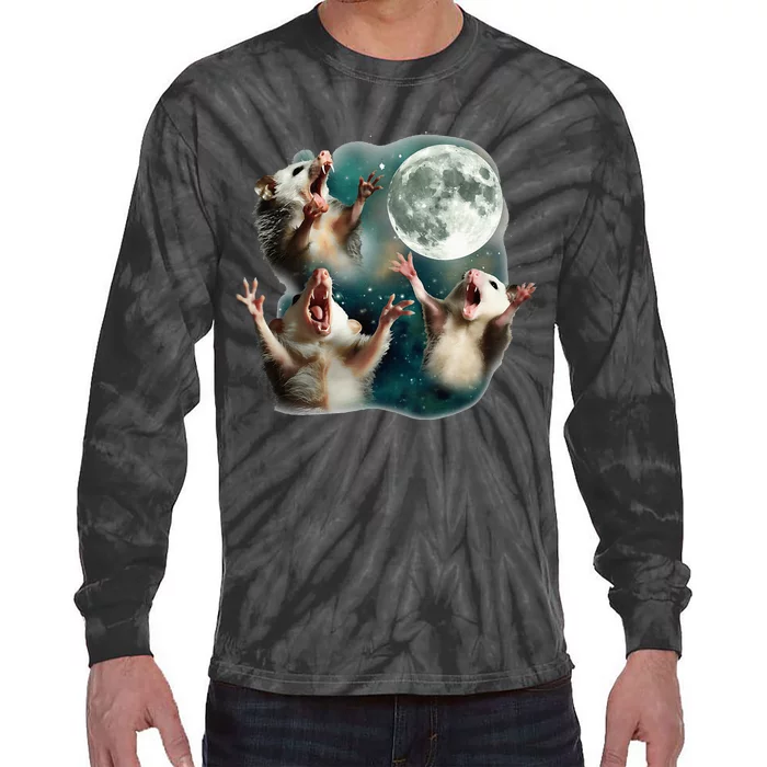 Three Possum Moon 3 Opossum Funny Weird Cursed Meme Tie-Dye Long Sleeve Shirt