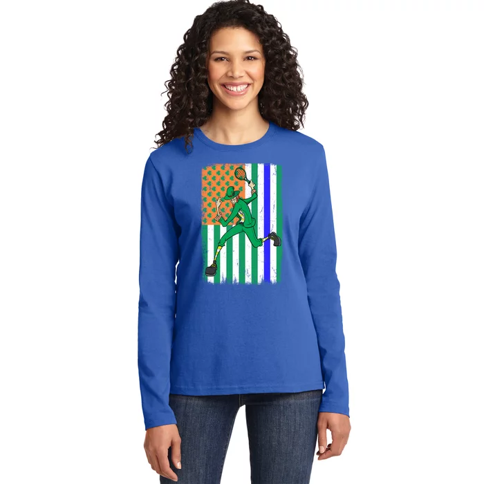 Tennis Police Officer Cop Irish Usa Flag St Patrick's Day Gift Ladies Long Sleeve Shirt