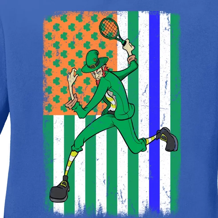 Tennis Police Officer Cop Irish Usa Flag St Patrick's Day Gift Ladies Long Sleeve Shirt