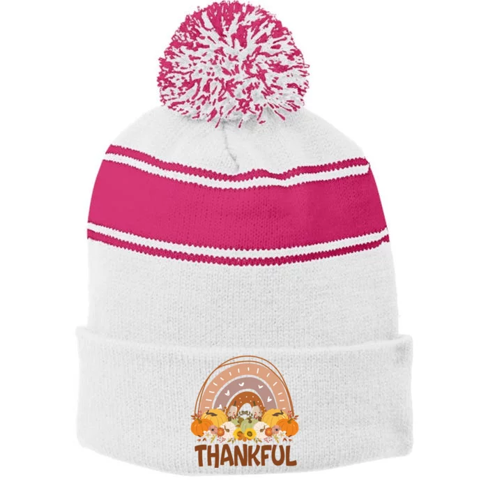 Thankful Pumpkin Patch Cute Rainbow Holiday Stripe Pom Pom Beanie