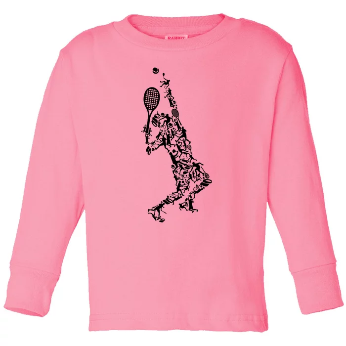 Tennis Player Positions Balls Racket In Drawing Toddler Long Sleeve Shirt