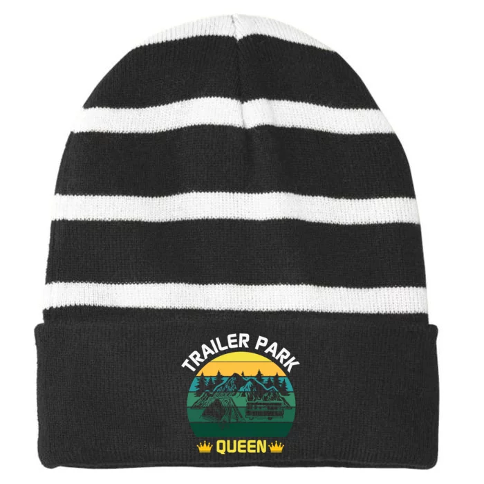 Trailer Park Queen Funny Girl Camping Gift Striped Beanie with Solid Band