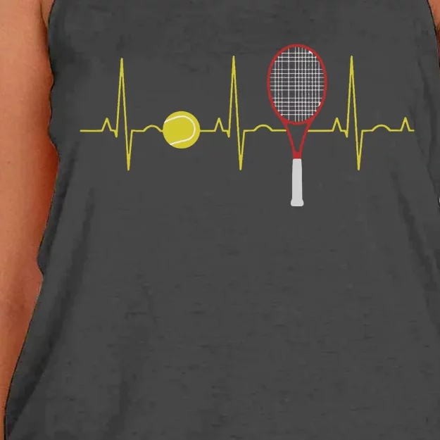 Tennis Player Retro Sport Racket & Tennis Ball Heartbeat Women's Knotted Racerback Tank