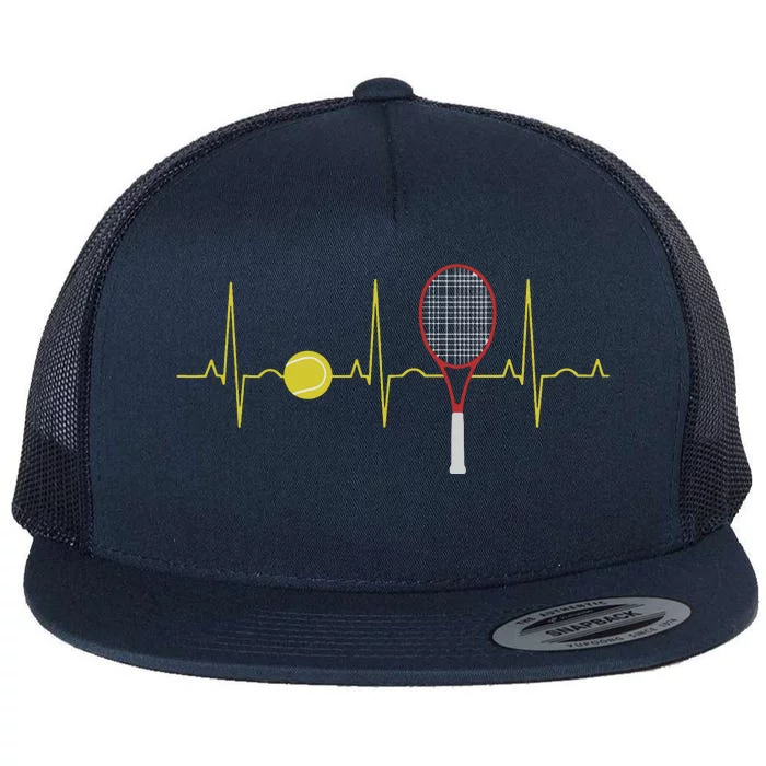 Tennis Player Retro Sport Racket & Tennis Ball Heartbeat Flat Bill Trucker Hat