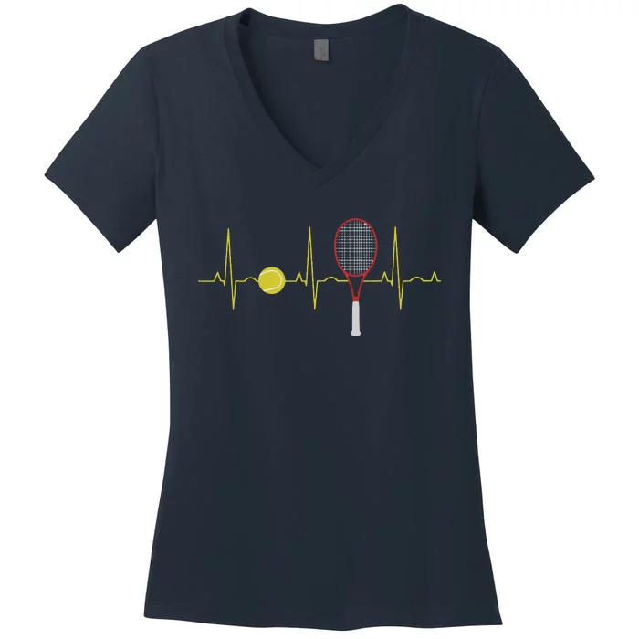 Tennis Player Retro Sport Racket & Tennis Ball Heartbeat Women's V-Neck T-Shirt