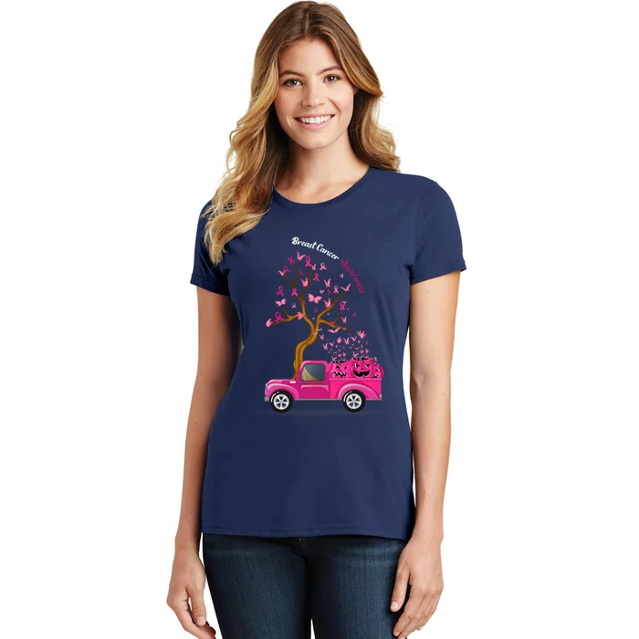 Truck Pumpkins Ribbon Breast Cancer Awareness Women's T-Shirt