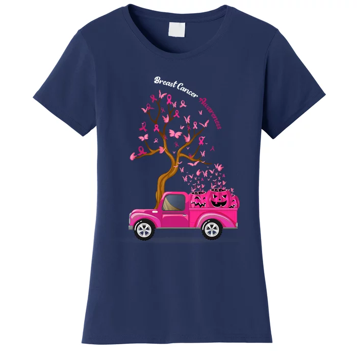 Truck Pumpkins Ribbon Breast Cancer Awareness Women's T-Shirt