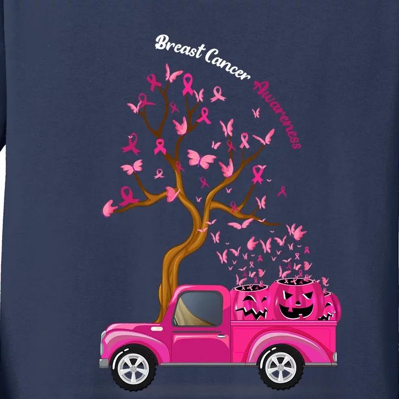 Truck Pumpkins Ribbon Breast Cancer Awareness Kids Long Sleeve Shirt