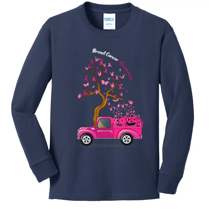 Truck Pumpkins Ribbon Breast Cancer Awareness Kids Long Sleeve Shirt