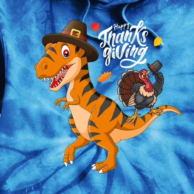 Turkey Pilgrim Riding Trex Dinosaur Thanksgiving Boys Girls Gift Tie Dye Hoodie