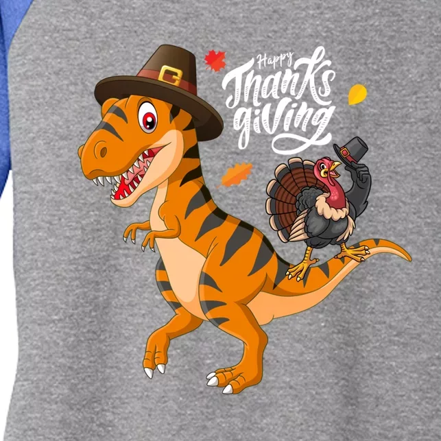 Turkey Pilgrim Riding Trex Dinosaur Thanksgiving Boys Girls Gift Women's Tri-Blend 3/4-Sleeve Raglan Shirt