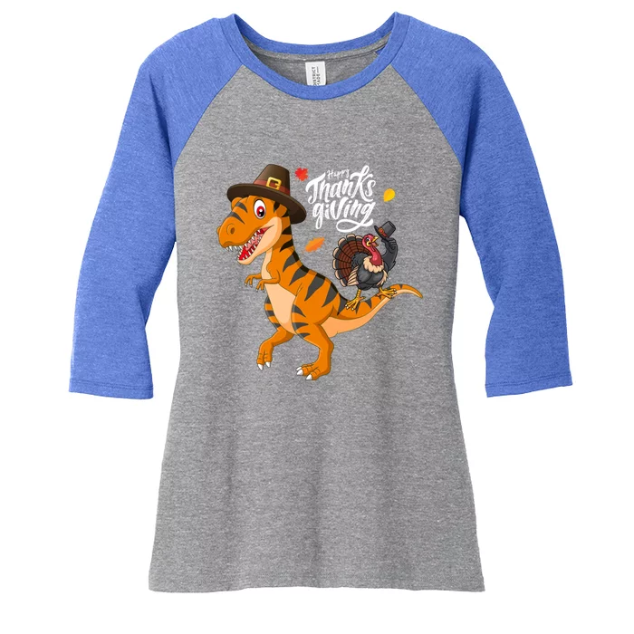 Turkey Pilgrim Riding Trex Dinosaur Thanksgiving Boys Girls Gift Women's Tri-Blend 3/4-Sleeve Raglan Shirt