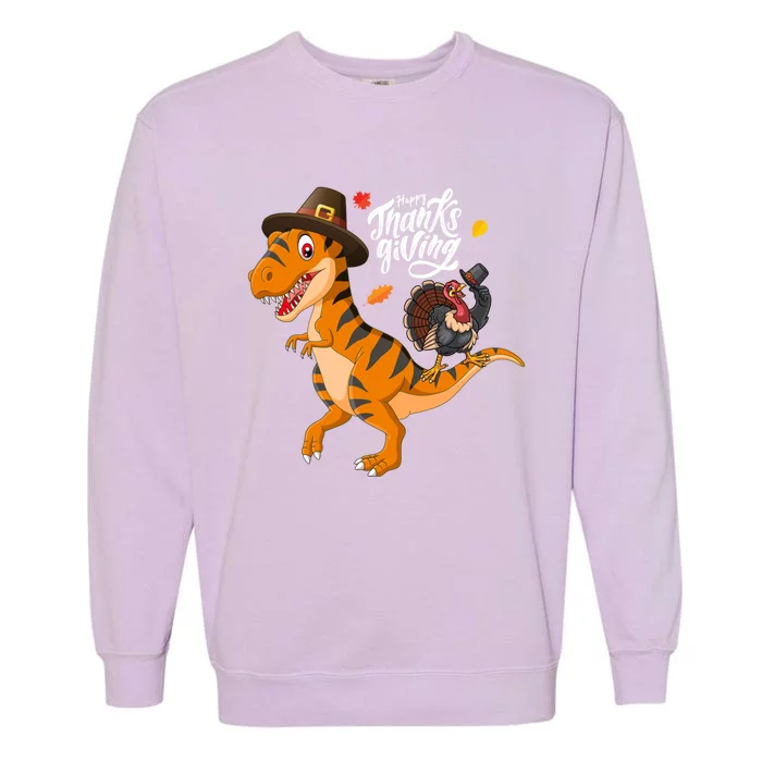 Turkey Pilgrim Riding Trex Dinosaur Thanksgiving Boys Girls Gift Garment-Dyed Sweatshirt