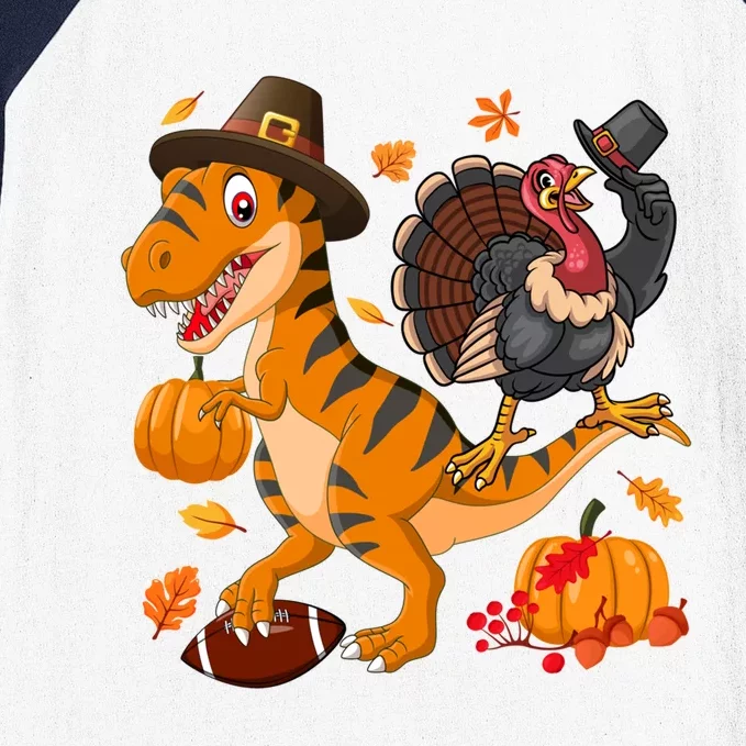 Turkey Pilgrim Riding Trex Dinosaur Thanksgiving And Football Funny Gift Baseball Sleeve Shirt