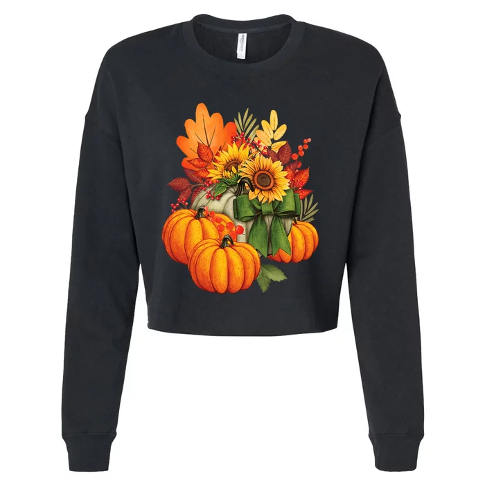 Thanksgiving Pumpkin Sunflower Fall Autumn Holiday Cropped Pullover Crew