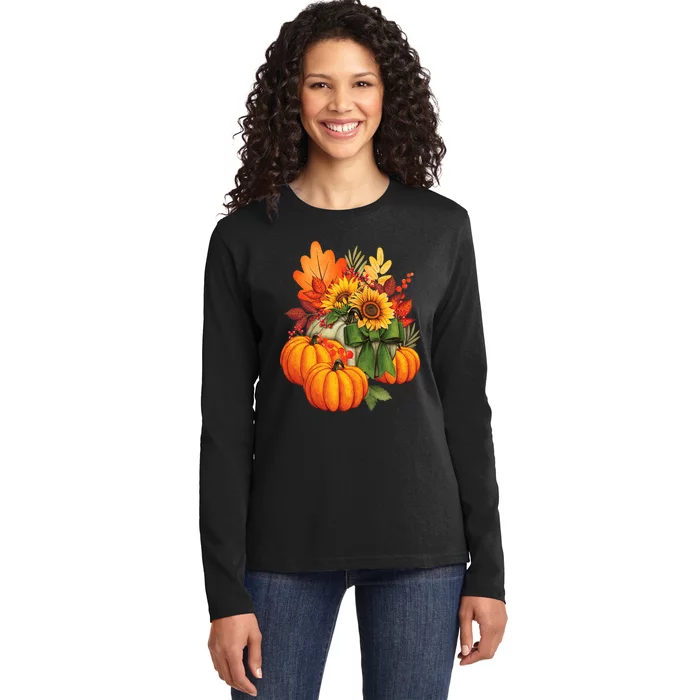 Thanksgiving Pumpkin Sunflower Fall Autumn Holiday Ladies Long Sleeve Shirt