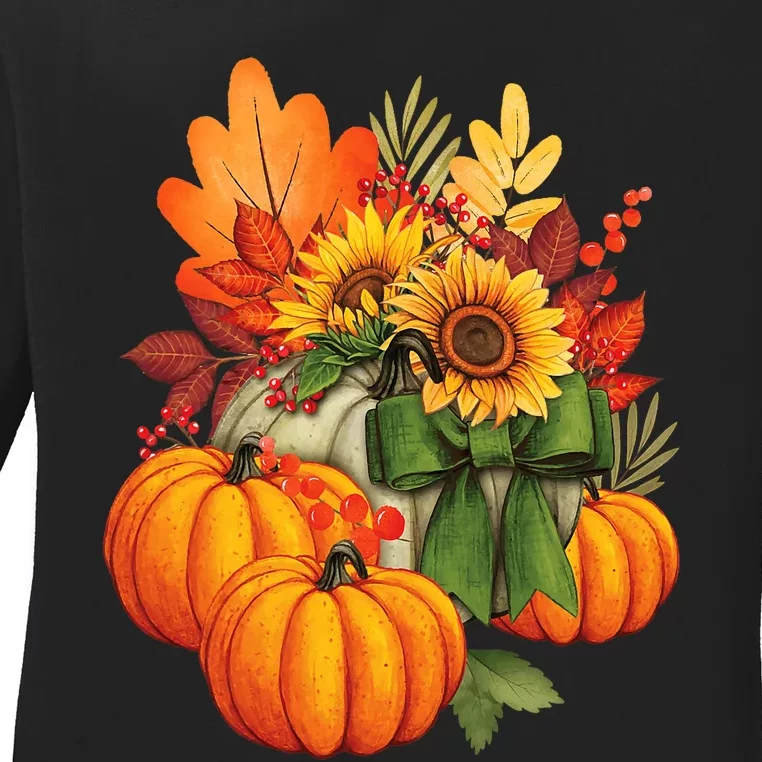 Thanksgiving Pumpkin Sunflower Fall Autumn Holiday Ladies Long Sleeve Shirt