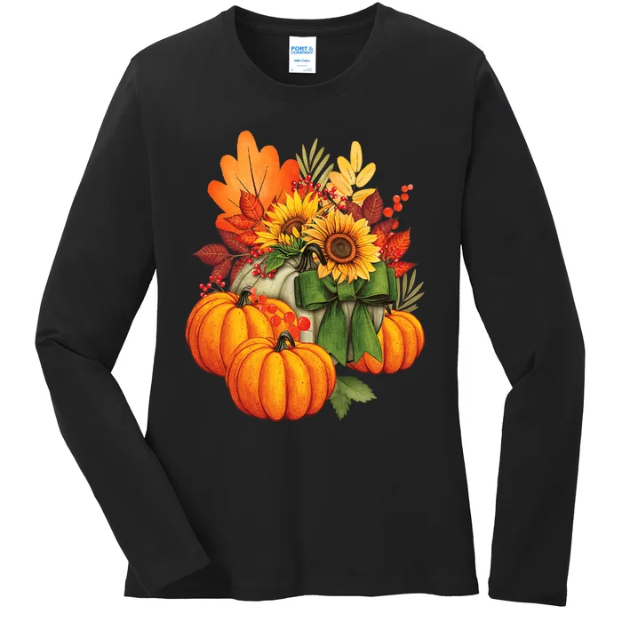 Thanksgiving Pumpkin Sunflower Fall Autumn Holiday Ladies Long Sleeve Shirt