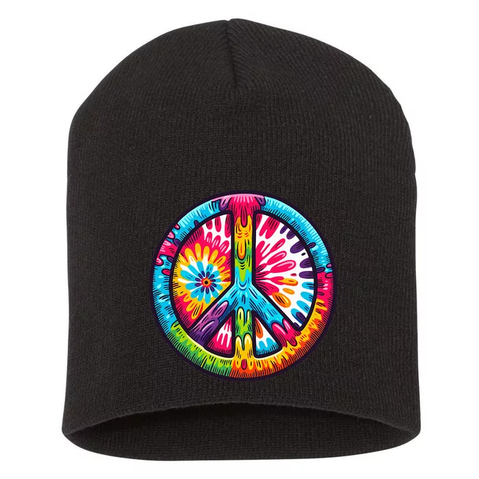 Tiedye Peace Sign Hippie Short Acrylic Beanie