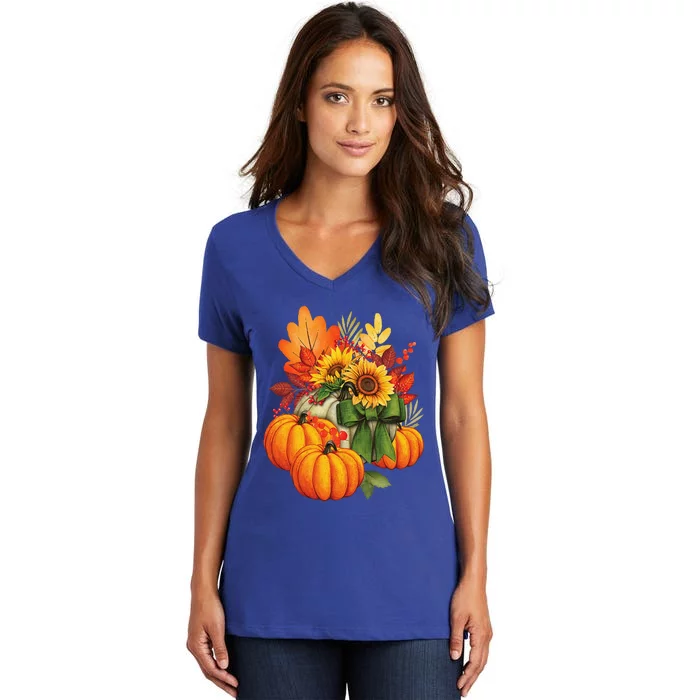 Thanksgiving Pumpkin Sunflower Fall Autumn Holiday Women's V-Neck T-Shirt