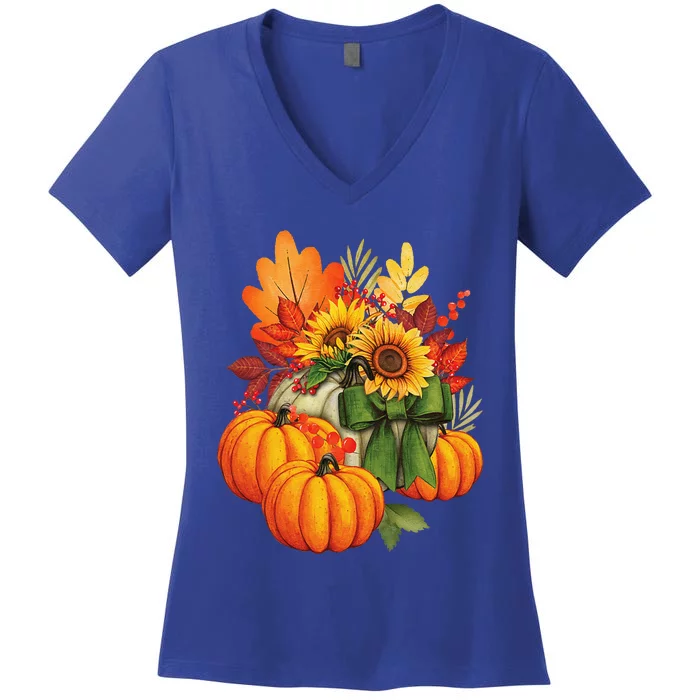 Thanksgiving Pumpkin Sunflower Fall Autumn Holiday Women's V-Neck T-Shirt